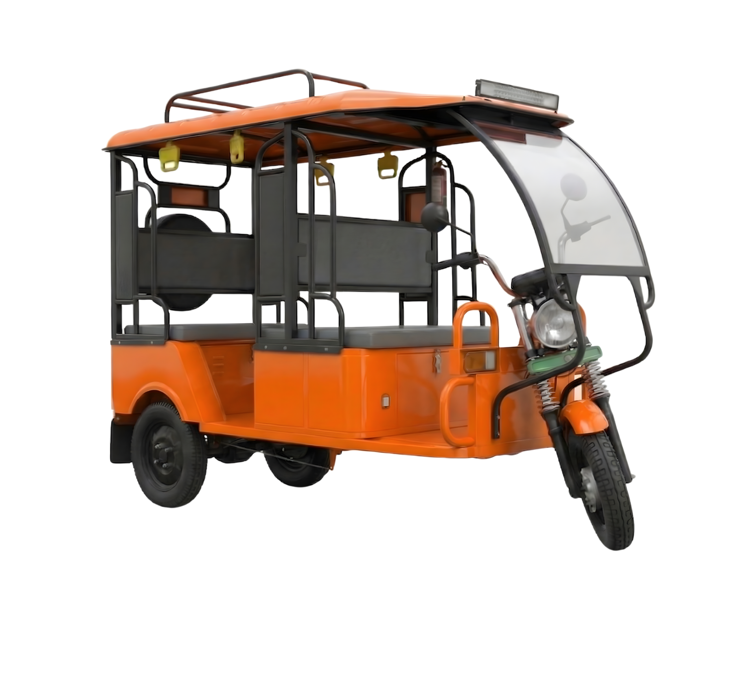 KEVA Royal Plus electric rickshaw orange colour full side view with accessories